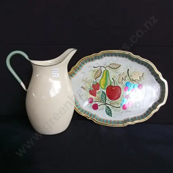 VINTAGE BARET WARE ART GRACE SERVING TRAY AND VINTAGE KOCKUMS ENAMEL WATER PITCHER