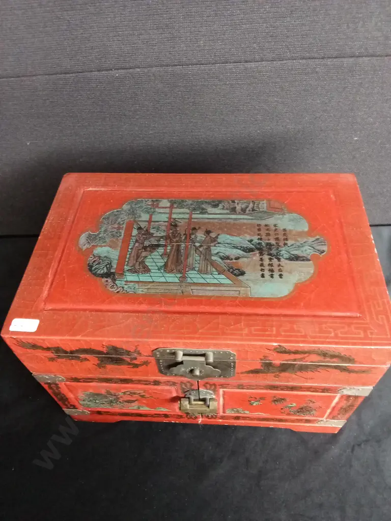 ANTIQUE CHINESE RED LACQUERED LEATHER TRUNK WITH LOCK AND KEY Image 1++