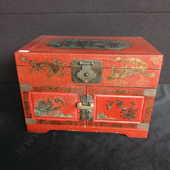 ANTIQUE CHINESE RED LACQUERED LEATHER TRUNK WITH LOCK AND KEY