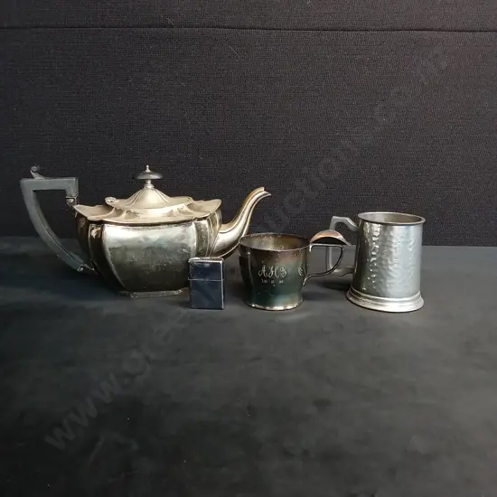 PEWTER TANKARD EPNS TEAPOT AND CUP PLUS ZIPPO LIGHTER