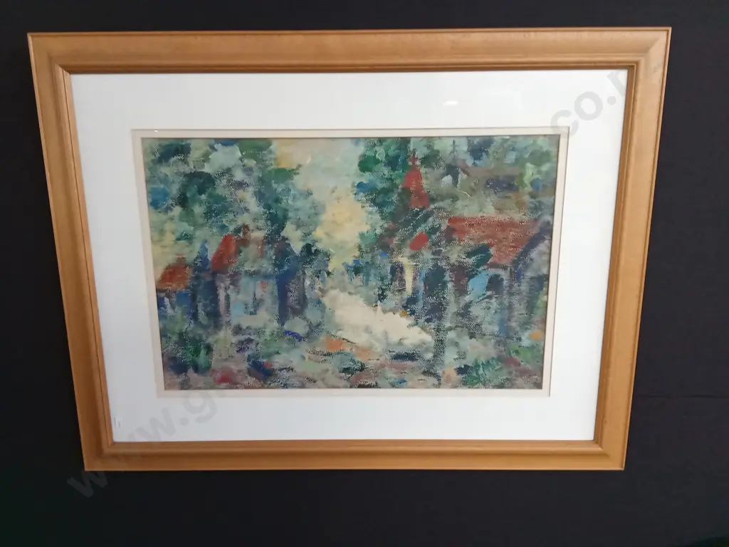 THE CHURCH COURTYARD WAIMARAMA ORIGINAL OIL PAINTING ON SILK BY P. MCNEILL L100CM H84CM Image 1++