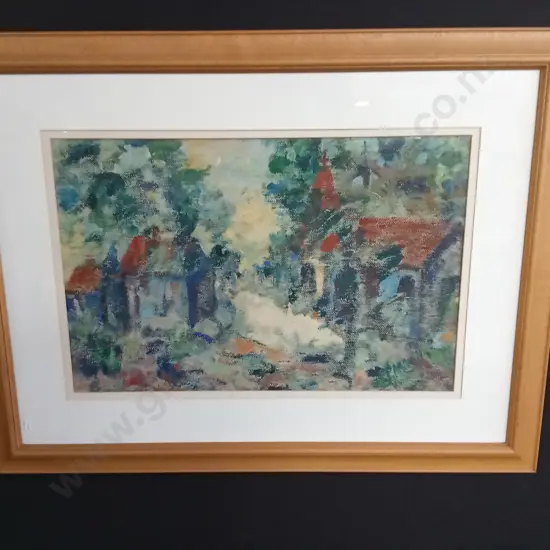 THE CHURCH COURTYARD WAIMARAMA ORIGINAL OIL PAINTING ON SILK BY P. MCNEILL L100CM H84CM