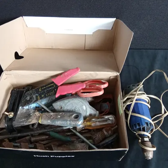 BOX OF HAND TOOLS INC WIRE STRIPPER DRILL BITS SCISSORS AND SCRAPERS