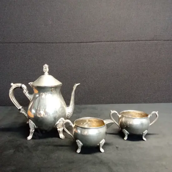 VINTAGE TEA POT SUGAR BOWL AND CREAM JUG - PLATED SILVERWARE