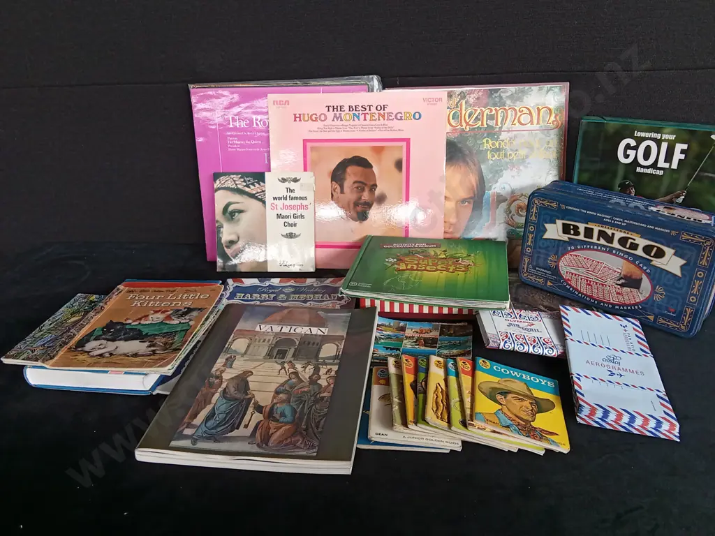 BOX OF ASSORTED BOOKS RECORDS AND OTHER Image 1++