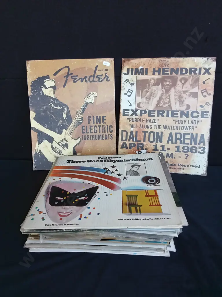 COLLECTION OF VINYL RECORDS AND 2 METAL FENDER POSTERS Image 1++