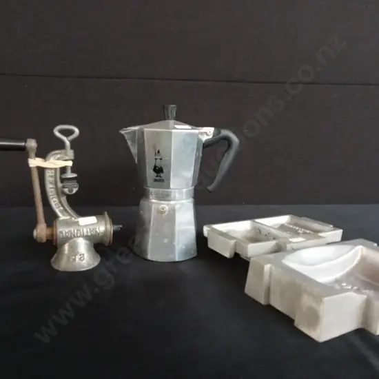 VINTAGE MEAT GRINDER, STOVE TOP COFFEE MAKER AND METAL CASTING MOLD