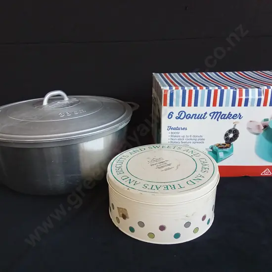 DONUT MAKER AND UNICOOK 38CM PAN AND TIN OF SEWING ITEMS