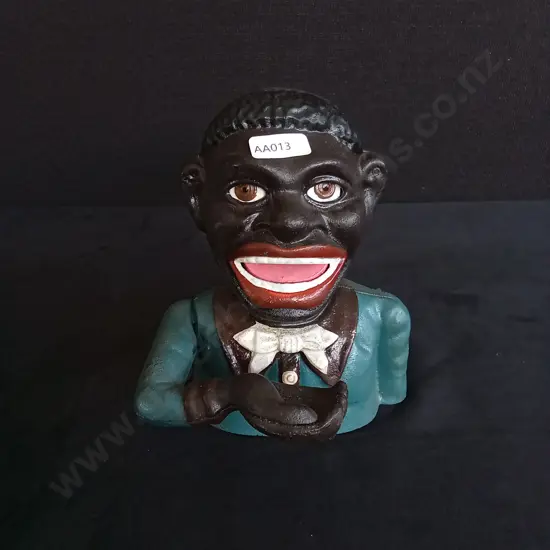 VINTAGE JOLLY BOY CAST IRON MECHANICAL COIN BANK