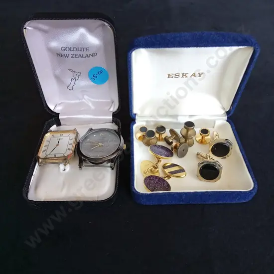 2 WATCHES (NO STRAPS) AND BOX OF CUFFLINKS
