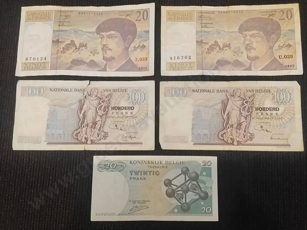 BANK NOTES - 2 X 20 FRENCH FRANCS, 2 X 100 & 1 X 20 BELGIUM FRANKS Image 1++
