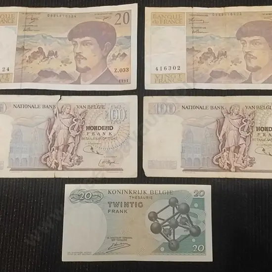 BANK NOTES - 2 X 20 FRENCH FRANCS, 2 X 100 & 1 X 20 BELGIUM FRANKS