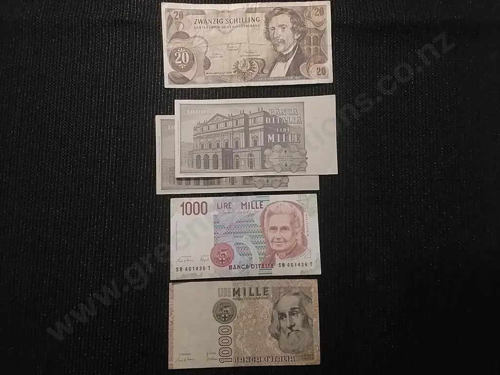 1 X 1967 AUSTRIAN 20 SCHILLING BANK NOTE AND 4X ITALIAN 1000 LIRE NOTES Image 1++