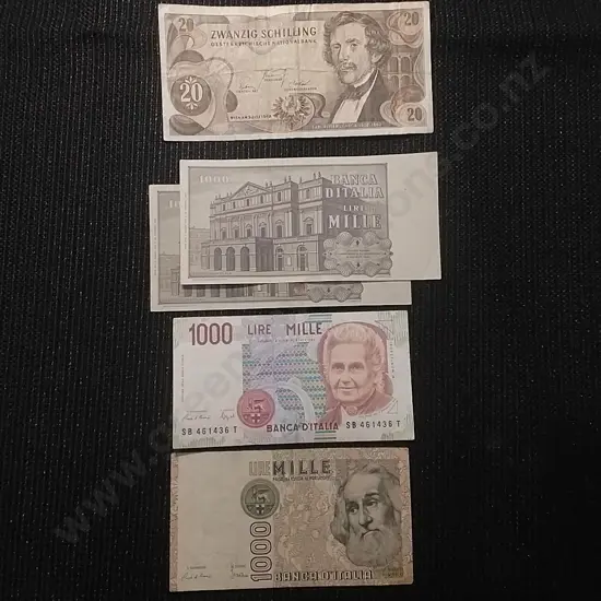 1 X 1967 AUSTRIAN 20 SCHILLING BANK NOTE AND 4X ITALIAN 1000 LIRE NOTES
