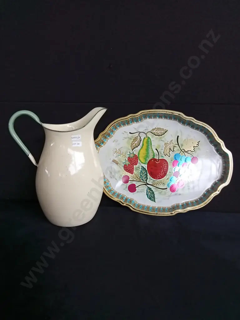 VINTAGE BARET WARE ART GRACE SERVING TRAY AND VINTAGE KOCKUMS ENAMEL WATER PITCHER Image 1++