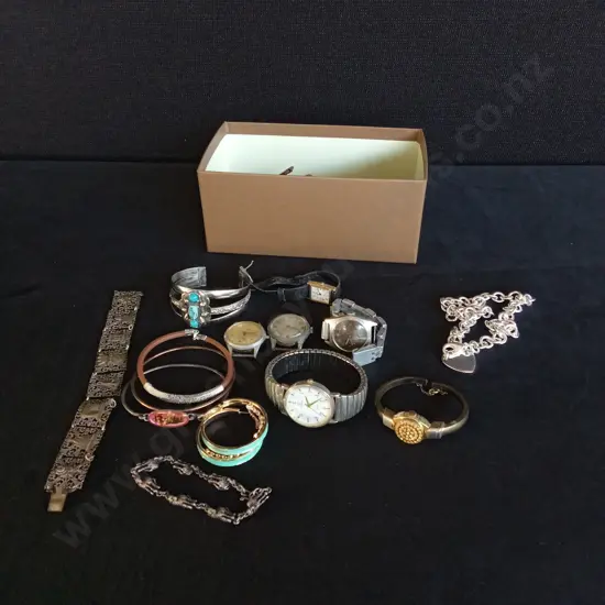 BOX OF ASSORTED WATCHES AND JEWELLERY
