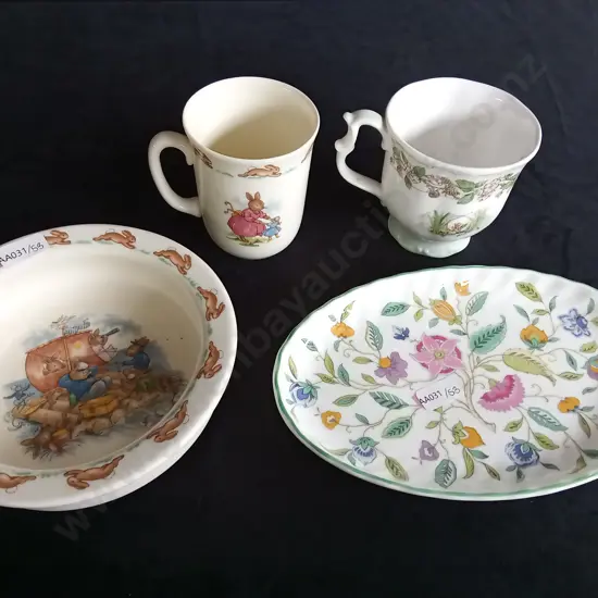 VINTAGE ROYAL DOULTON BUNNYKINS BOWL AND MUG VINTAGE ROYAL DOULTON SUMMER BEAKER MUG AND MINTON PLATTER