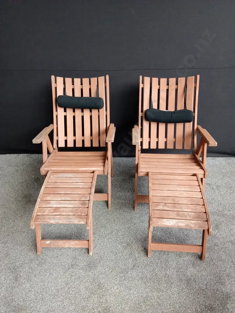 WOODEN ADJUSTABLE LOUNGE CHAIRS WITH DETACHABLE FOOTRESTS (ONE ARM HINGE BROKEN BUT STILL WORKS) Image 1++