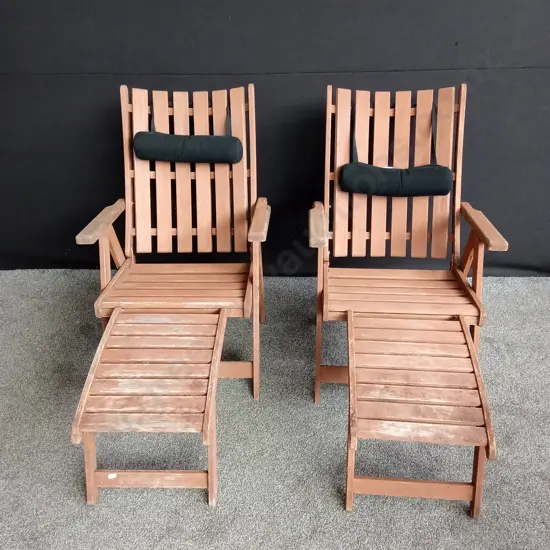 WOODEN ADJUSTABLE LOUNGE CHAIRS WITH DETACHABLE FOOTRESTS (ONE ARM HINGE BROKEN BUT STILL WORKS)