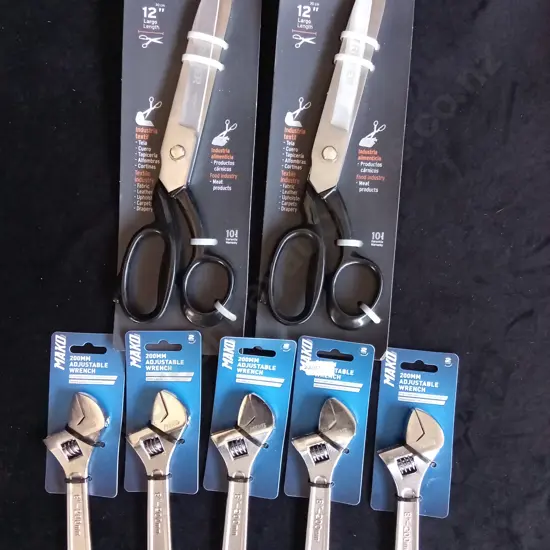 2 PAIRS OF TRUPER 12 INCH INDUSTRIAL SCISSORS AND 5 X MAKO 200MM ADJUSTABLE WRENCHES