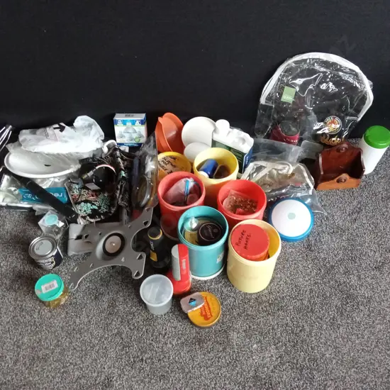 MIXED BOX CONTAINING POTS OF VARIOUS HARDWARE, SCREWS, ETC, TV WALL BRACKET, PAINT TRAY AND ROLLERS, TORCHES