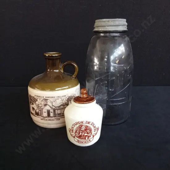 VINTAGE CERAMIC WINE JUG VINTAGE AMORA MOUTARDE DE DIJON JAR AND A MASON JAR