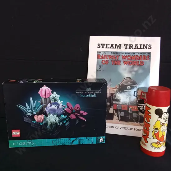 LEGO SUCCULENTS BOX UNOPENED, STEAM TRAINS POSTER SET & VINTAGE MICKEY THERMOS
