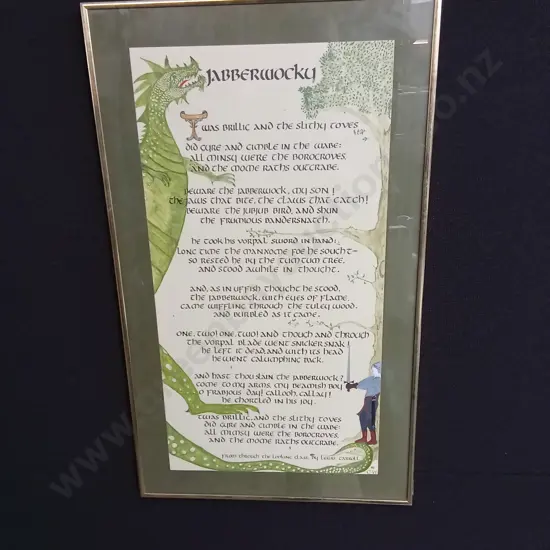 FRAMED ORIGINAL ARTWORK OF THE POEM JABBERWOCKY BY LEWIS CARROLL