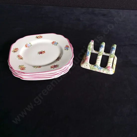 5 EMPIRE WARE PLATES AND TOAST RACK