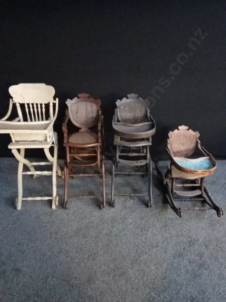 4 X VINTAGE / ANTIQUE CHILDS HIGH CHAIRS INCLUDING 3 WITH FOLDING LEGS Image 1++
