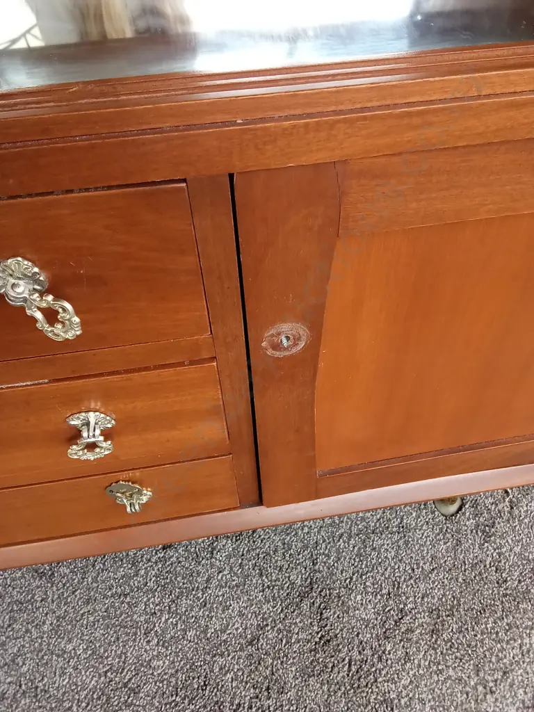 MAHOGANY AND RIMU DISPLAY CABINET WITH DRAWERS (ONE MISSING KNOB AND SLIDING GLASS DOORS) Image 1++