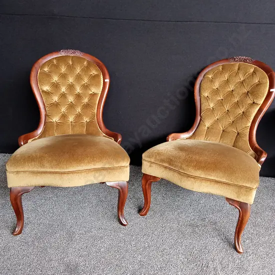 PAIR OF VICTORIAN LADY CHAIRS WITH JK 1978 CARVED ON BACKLEGS