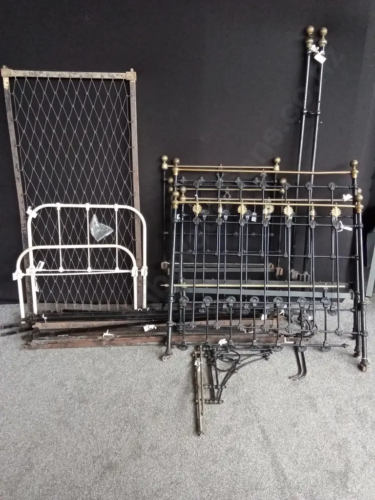ANTIQUE BED FRAMES X 4, FINE DETAIL CAST IRON PIECES, BRASS FEATURES INCLUDING 2 TALL BED POSTS FRAME RAILS Image 1++