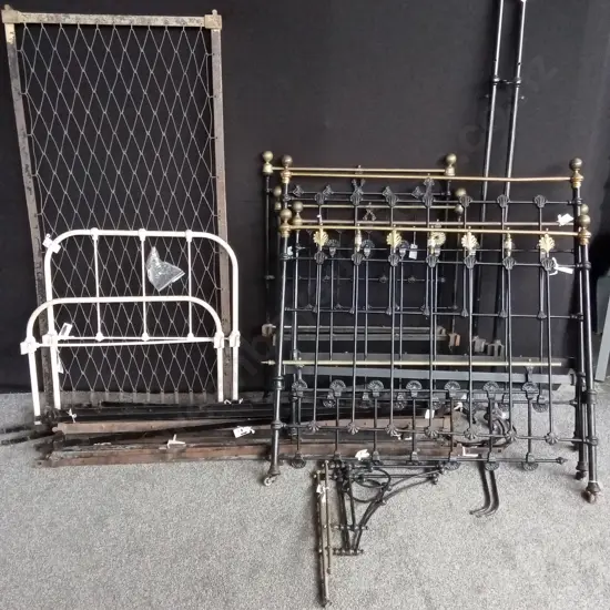 ANTIQUE BED FRAMES X 4, FINE DETAIL CAST IRON PIECES, BRASS FEATURES INCLUDING 2 TALL BED POSTS FRAME RAILS