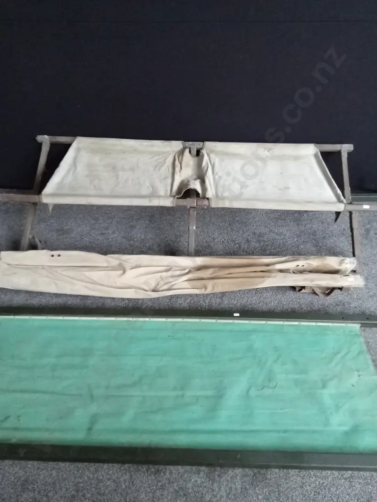 VINTAGE CAMP STRETCHER, MEDICAL STRETCHER AND LOW MEDICAL BED. WOODEN FRAMES AND HANDLES + CANVAS Image 1++