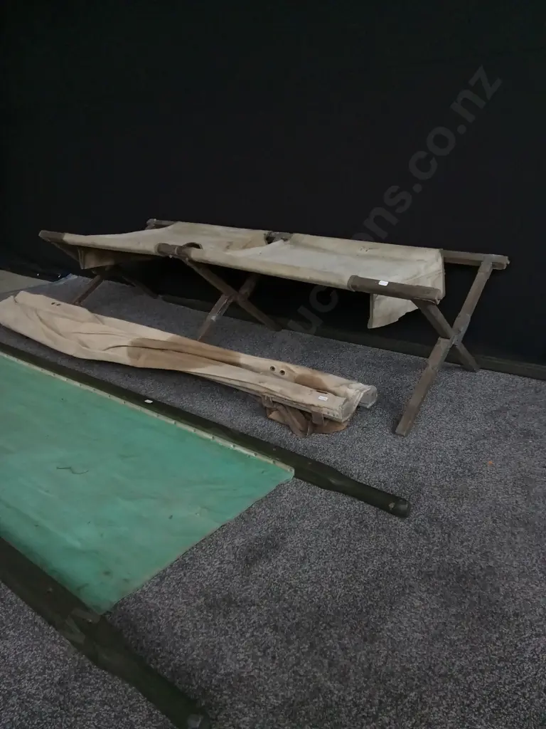 VINTAGE CAMP STRETCHER, MEDICAL STRETCHER AND LOW MEDICAL BED. WOODEN FRAMES AND HANDLES + CANVAS Image 1++