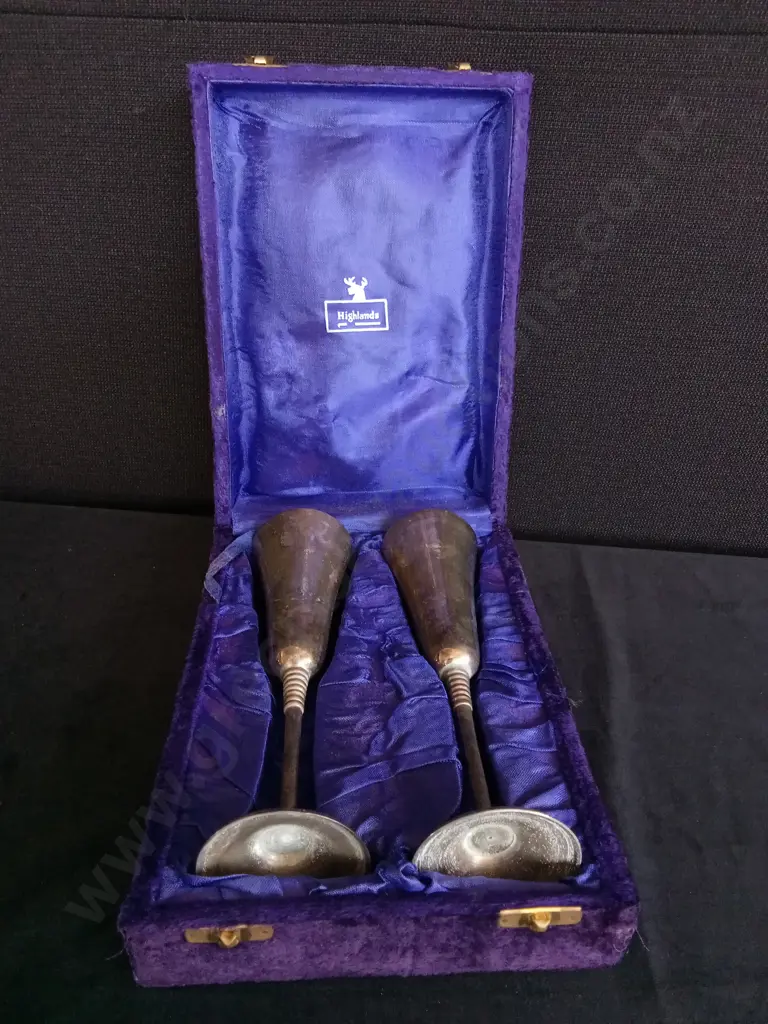 VINTAGE HIGHLANDS SILVER-PLATED CHAMPAGNE FLUTES IN PURPLE GIFT BOX Image 1++