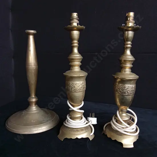 BRASS CANDLESTICK HOLDER AND PAIR OF LAMPS