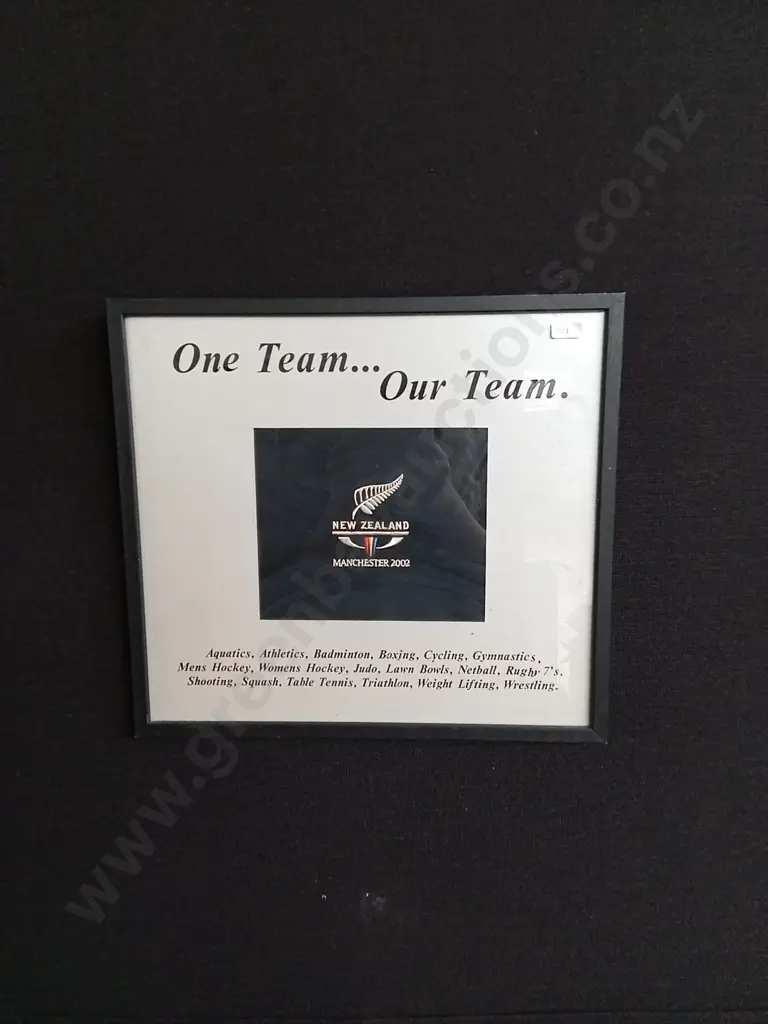 FRAMED COMMEMORATIVE PIECE CELEBRATING NEW ZEALAND TEAMS PARTICIPATION IN THE 2002 COMMONWEALTH GAMES IN MANCHESTER Image 1++