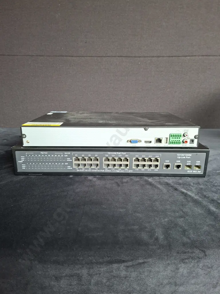QSEE SECURITY SYSTEM INCLUDING 24 PORT QSEE PORT / SWITCH, QSEE QT833+2 RECORDER PLUS VARIOUS CAMERAS - ALL UNTESTED Image 1++