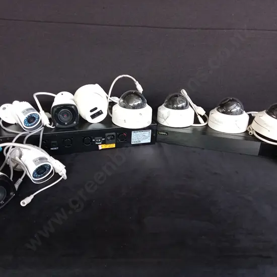 QSEE SECURITY SYSTEM INCLUDING 24 PORT QSEE PORT / SWITCH, QSEE QT833+2 RECORDER PLUS VARIOUS CAMERAS - ALL UNTESTED