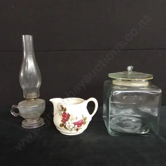 FLORAL JUG GLASS JAR AND OIL LAMP