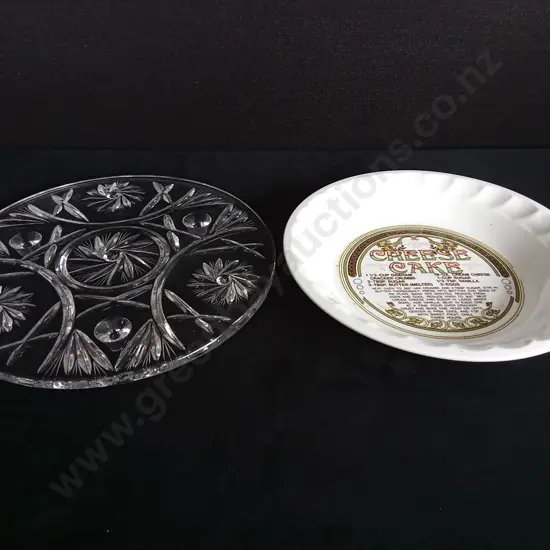 VINTAGE COUNTRY HARVEST CHEESECAKE RECIPE PLATE AND BOHEMIA CRYSTALEX PINWHEEL CAKE PLATE