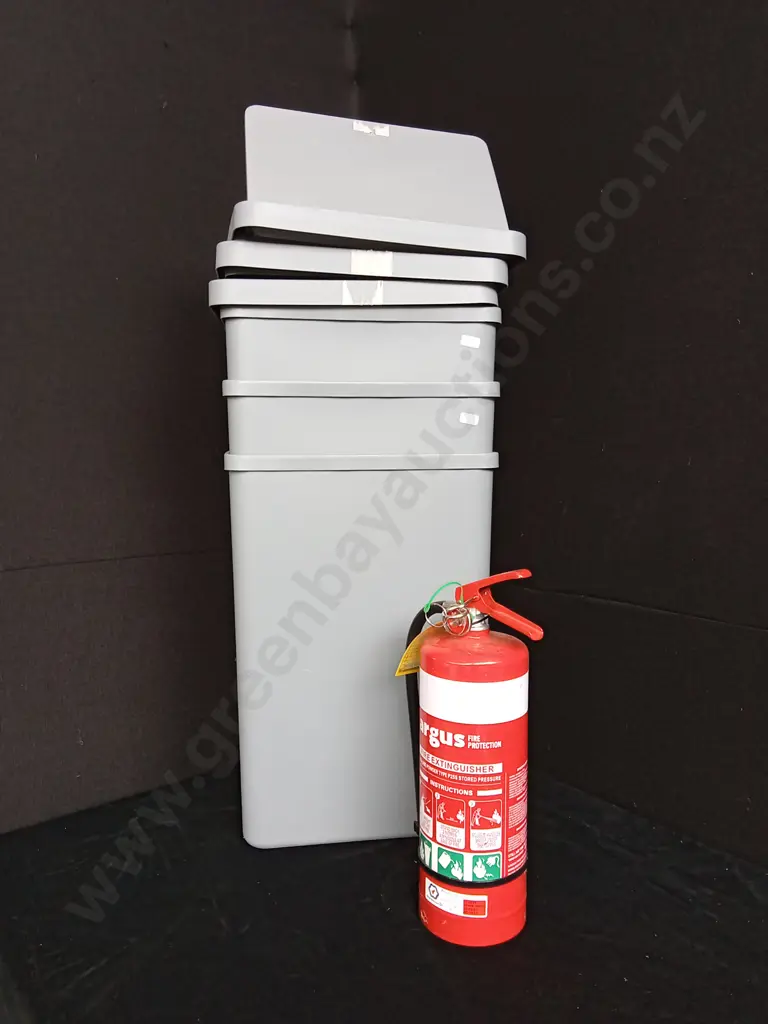 FIRE EXTINGUISHER AND THREE PLASTIC BINS Image 1++