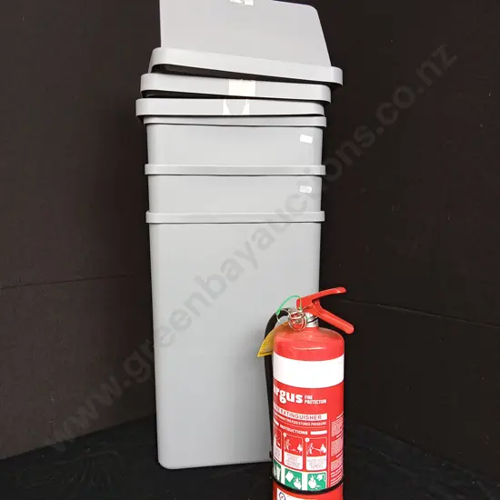 FIRE EXTINGUISHER AND THREE PLASTIC BINS
