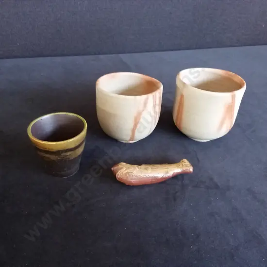 CERAMIC JAPANESE STYLE TEA BOWLS AND A FISH