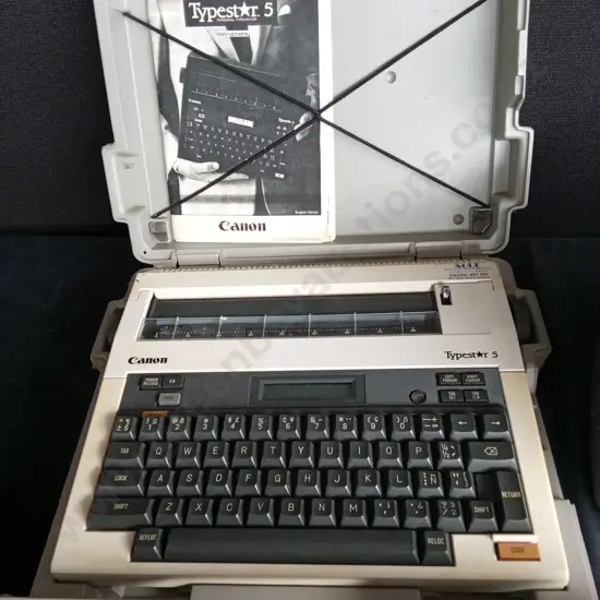 CANON TYPESTAR 5 PORTABLE TYPEWRITER AND 2 VINTAGE S&V MINI PORTABLE TELEVISION RADIO