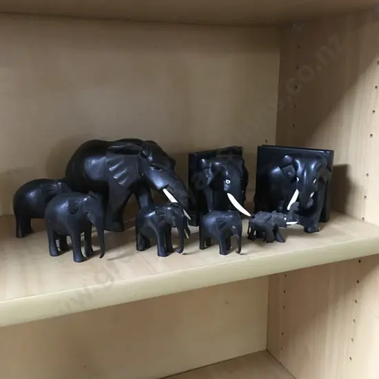 WOODEN CARVED ELEPHANTS WITH 2 BOOKENDS