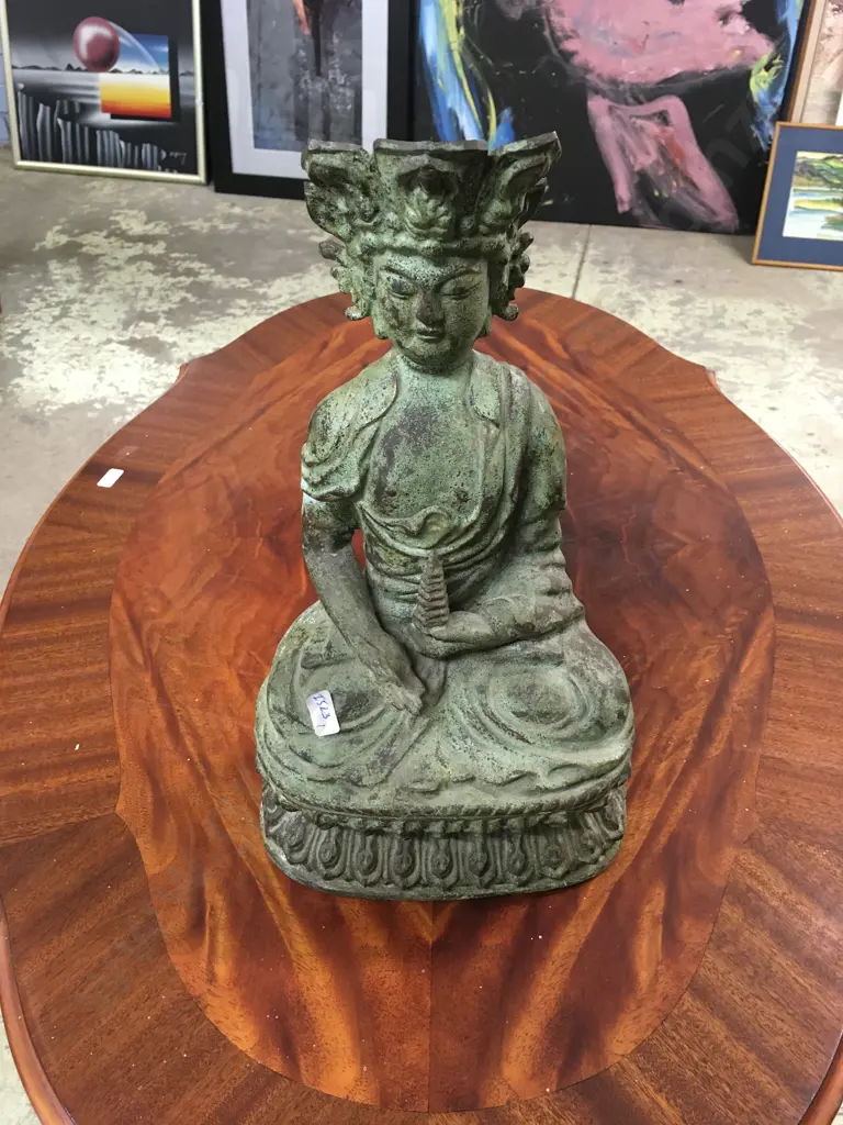 SEATED BRONZE BUDDHA STATUE WITH WEATHERED GREEN PATINA Image 1++