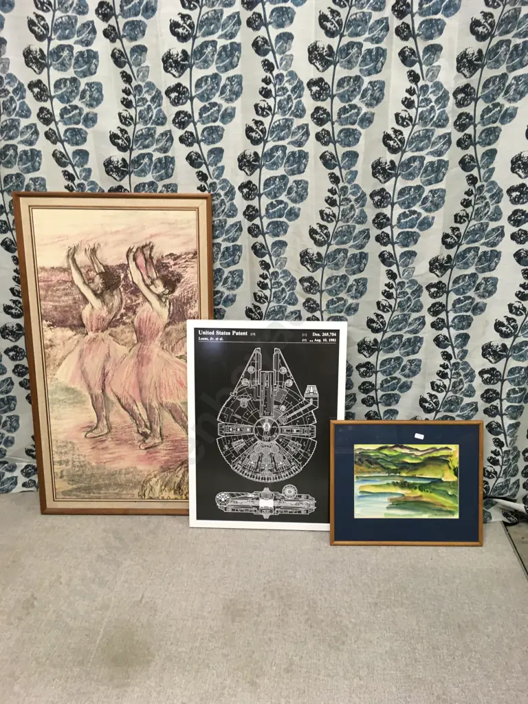 STAR WARS PRINT OF THE ORIGINAL 1982 PATENT FOR THE MILLENNIUM FALCON, TUTU DANCERS, SCENIC HILL LANDSCAPE PAINTING Image 1++